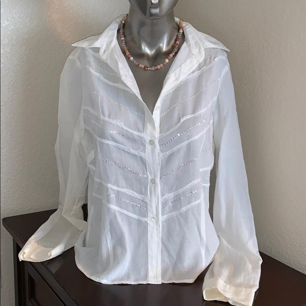 Sheer Style Collard, Button Up, Iridescent Sequins